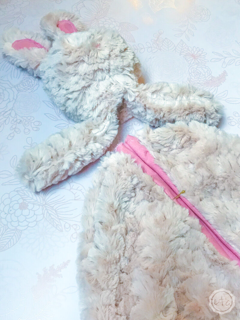 Sewing the blanket to the bunny head to complete our bunny lovey.