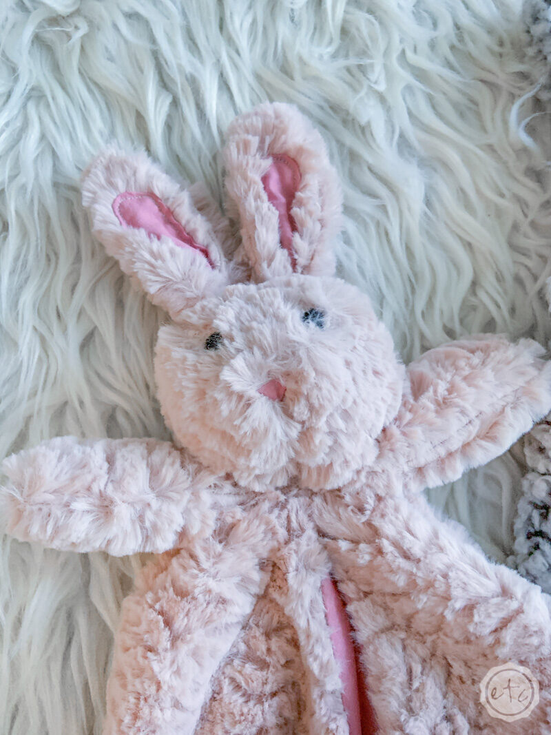 A close up of the finished bunny lovey with our personalized iron on name decal.
